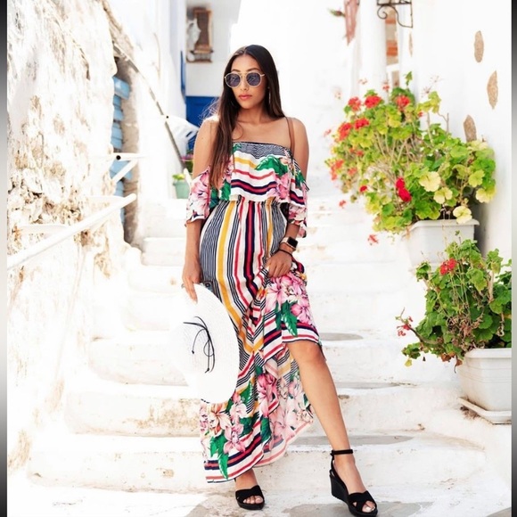 Flying Tomato Women L Floral Stripe Multicolor Off The Shoulder Long Dress - Picture 1 of 12